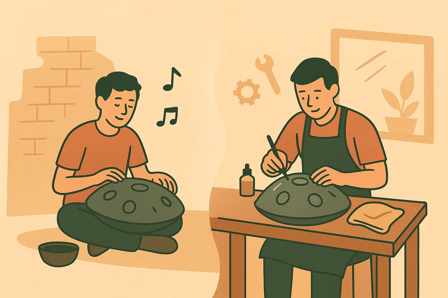 Flat illustration showing the journey of Nala: on the left, a young street performer sits on the ground playing a handpan with a hat for coins; on the right, the same person works as a craftsman in a workshop, carefully shaping a handpan on a wooden bench. Warm earthy tones highlight the transformation from performer to master craftsman.